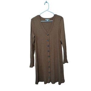 Women's American Eagle SZ Large Caramel Ribbed Sweater Dress Faux Button Down